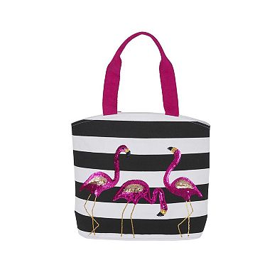 Mina Victory Beach Handbag Tote Stripe Flamingos 22" x 15" x 6" Black White with Matching Clutch