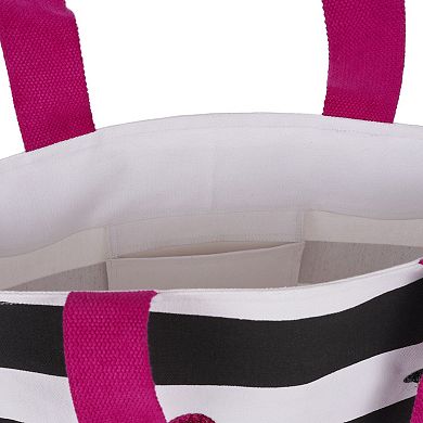 Mina Victory Beach Handbag Tote Stripe Flamingos 22" x 15" x 6" Black White with Matching Clutch