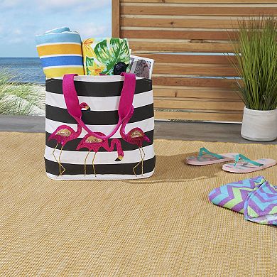 Mina Victory Beach Handbag Tote Stripe Flamingos 22" x 15" x 6" Black White with Matching Clutch