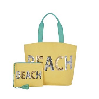 Mina Victory Beach Handbag Tote Sequin "Beach" 22" x 15" x 6" Yellow with Matching Clutch