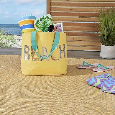 Mina Victory Beach Handbag Tote Sequin "Beach" 22" x 15" x 6" Yellow with Matching Clutch