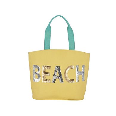 Mina Victory Beach Handbag Tote Sequin "Beach" 22" x 15" x 6" Yellow with Matching Clutch