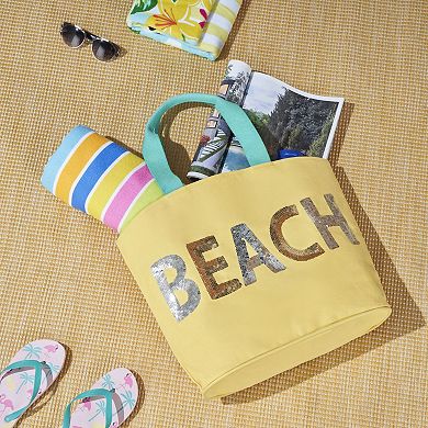 Mina Victory Beach Handbag Tote Sequin "Beach" 22" x 15" x 6" Yellow with Matching Clutch