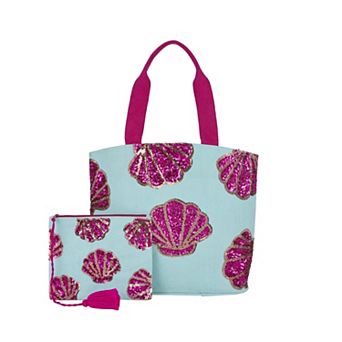 Mina Victory Beach Handbag Tote Sequin Shells 22" x 15" x 6" Turquoise with Matching Clutch