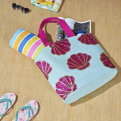 Mina Victory Beach Handbag Tote Sequin Shells 22" x 15" x 6" Turquoise with Matching Clutch