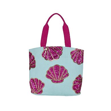 Mina Victory Beach Handbag Tote Sequin Shells 22" x 15" x 6" Turquoise with Matching Clutch
