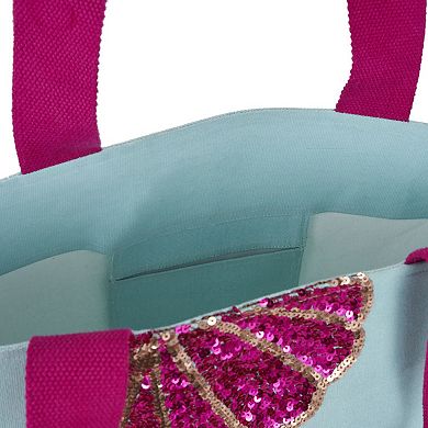 Mina Victory Beach Handbag Tote Sequin Shells 22" x 15" x 6" Turquoise with Matching Clutch