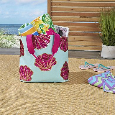 Mina Victory Beach Handbag Tote Sequin Shells 22" x 15" x 6" Turquoise with Matching Clutch