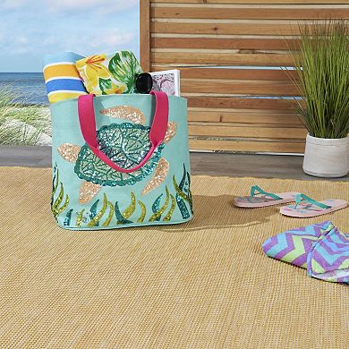 Mina Victory Beach Handbag Tote Sequin Sea Turtle 22" x 15" x 6" Turquoise with Matching Clutch