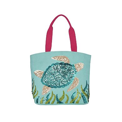 Mina Victory Beach Handbag Tote Sequin Sea Turtle 22" x 15" x 6" Turquoise with Matching Clutch