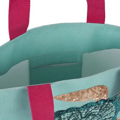Mina Victory Beach Handbag Tote Sequin Sea Turtle 22" x 15" x 6" Turquoise with Matching Clutch