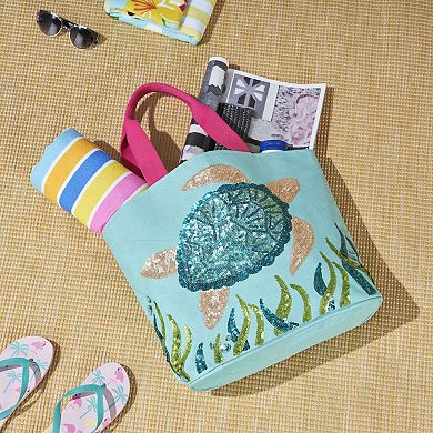 Mina Victory Beach Handbag Tote Sequin Sea Turtle 22" x 15" x 6" Turquoise with Matching Clutch