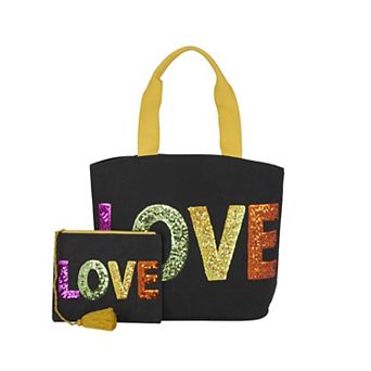 Mina Victory Beach Handbag Tote Sequin "Love" 22" x 15" x 6" Black with Matching Clutch