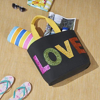 Mina Victory Beach Handbag Tote Sequin "Love" 22" x 15" x 6" Black with Matching Clutch