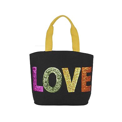 Mina Victory Beach Handbag Tote Sequin "Love" 22" x 15" x 6" Black with Matching Clutch