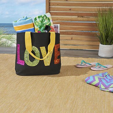 Mina Victory Beach Handbag Tote Sequin "Love" 22" x 15" x 6" Black with Matching Clutch