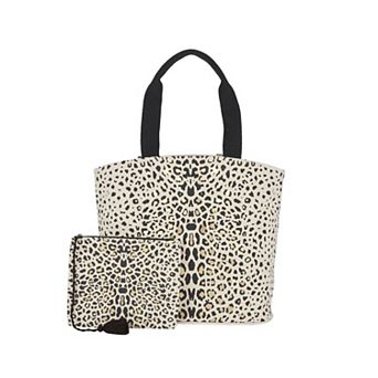 Mina Victory Beach Handbag Tote Leopard Black Gold 22" x 15" x 6" with Matching Clutch
