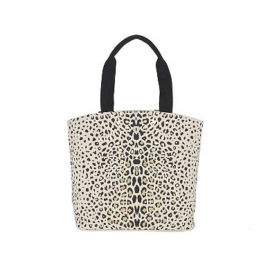 Mina Victory Beach Handbag Tote Leopard Black Gold 22" x 15" x 6" with Matching Clutch