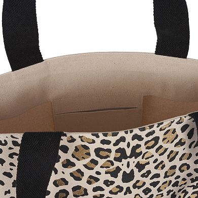 Mina Victory Beach Handbag Tote Leopard Black Gold 22" x 15" x 6" with Matching Clutch