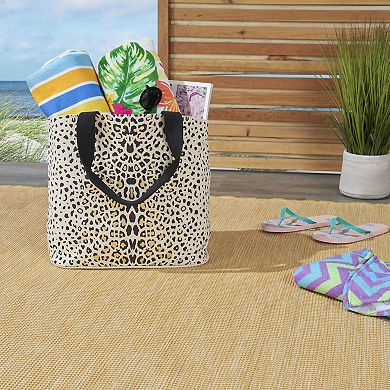 Mina Victory Beach Handbag Tote Leopard Black Gold 22" x 15" x 6" with Matching Clutch