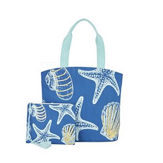 Mina Victory Beach Handbag Tote Sequin Sheashells 22" x 15" x 6" Blue with Matching Clutch