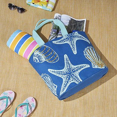 Mina Victory Beach Handbag Tote Sequin Sheashells 22" x 15" x 6" Blue with Matching Clutch