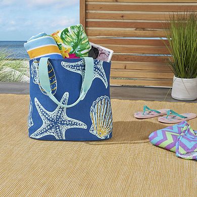 Mina Victory Beach Handbag Tote Sequin Sheashells 22" x 15" x 6" Blue with Matching Clutch