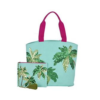 Mina Victory Beach Handbag Tote Sequin "Love" 22" x 15" x 6" Turquoise with Matching Clutch