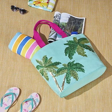 Mina Victory Beach Handbag Tote Sequin "Love" 22" x 15" x 6" Turquoise with Matching Clutch