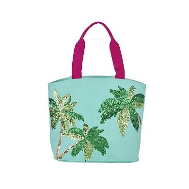 Mina Victory Beach Handbag Tote Sequin "Love" 22" x 15" x 6" Turquoise with Matching Clutch