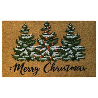Kate Aurora Merry Christmas Trees Evergreen Bristled Coir Outdoor Welcome Mat