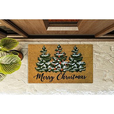 Kate Aurora Merry Christmas Trees Evergreen Bristled Coir Outdoor Welcome Mat