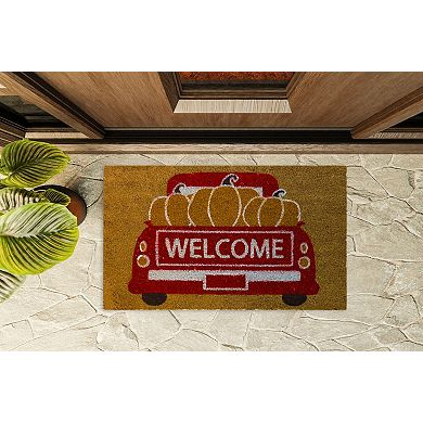 Kate Aurora Fall Harvest Welcome Pumpkin Truck Bristled Outdoor Welcome Mat