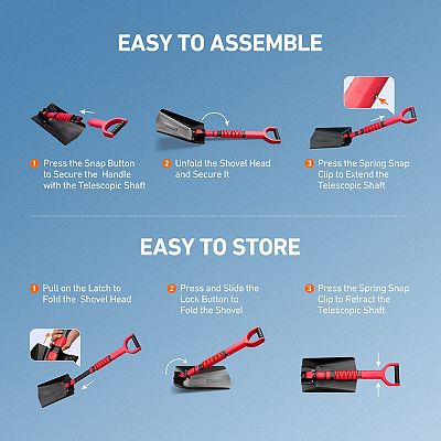 AstroAI 39" Folding Snow Shovel - Extendable Aluminum Shovel For Car, Snowmobile & Camping - Grey