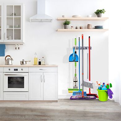 Sorbus Wall Mounted Broom and Mop Organizer, 16 in. W Plastic Broom Holder, Holds 11 Cleaning Items