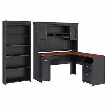 Bush Furniture Fairview 60W L Shaped Desk with Hutch and 5 Shelf Bookcase, Antique Black