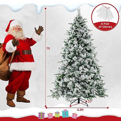 Costway 6/7 FT Pre-Lit Flocked Christmas Tree Hinged Xmas Decoration with 250/300 LED Lights