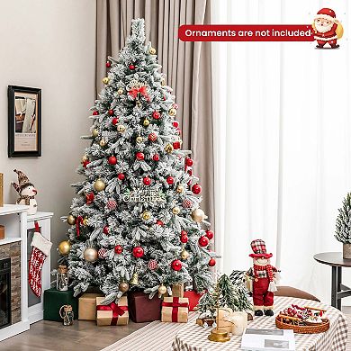 Costway 6/7 FT Pre-Lit Flocked Christmas Tree Hinged Xmas Decoration with 250/300 LED Lights