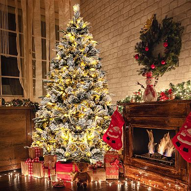 Costway 6/7 FT Pre-Lit Flocked Christmas Tree Hinged Xmas Decoration with 250/300 LED Lights