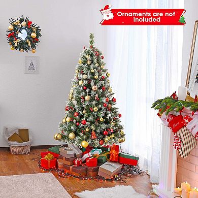 Costway 5FT/6.5FT/7.5FT Artificial Christmas Tree Hinged with 200/420/560/650 Warm LED Lights
