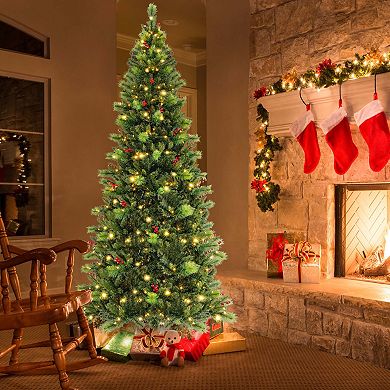 Costway 6FT/7FT/8FT Pre-Lit Artificial Christmas Tree 9 Lighting Modes with 300/400/500 LED Lights