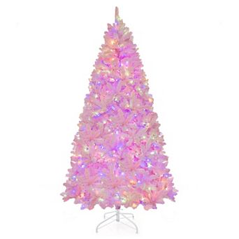 Costway 7 FT Flocked Artificial Christmas Tree Hinged with 500 LED Lights 1200 Branch Tips