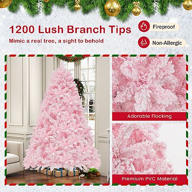 Costway 7 FT Flocked Artificial Christmas Tree Hinged with 500 LED Lights 1200 Branch Tips