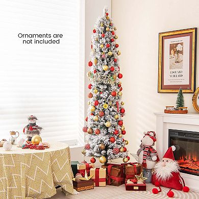 Costway 4.5 FT/6ft/7ft Pre-Lit Slim Christmas Tree Flocked Decoration