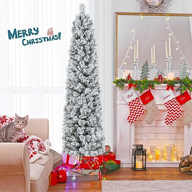 Costway 4.5 FT/6ft/7ft Pre-Lit Slim Christmas Tree Flocked Decoration