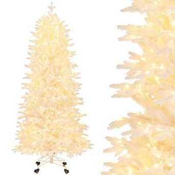 Costway 7 FT Artificial Xmas Tree with 1880 PE PVC Branch Tips 900 Warm White LED Lights