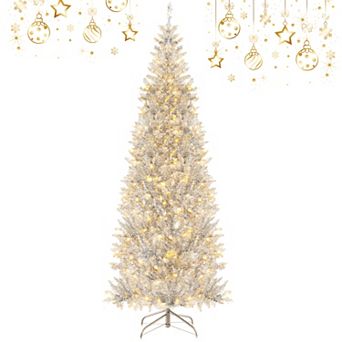 Costway 6FT/7FT Pre-lit Artificial Silver Tinsel Xmas Tree with 790/1030 Branch Tips