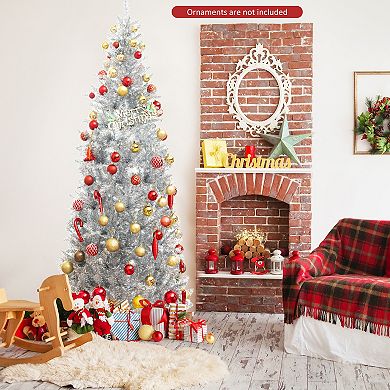 Costway 6FT/7FT Pre-lit Artificial Silver Tinsel Xmas Tree with 790/1030 Branch Tips