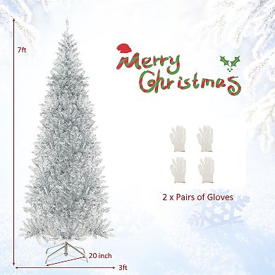 Costway 6FT/7FT Pre-lit Artificial Silver Tinsel Xmas Tree with 790/1030 Branch Tips