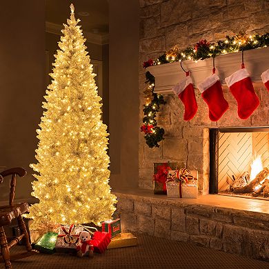 Costway 6FT/7FT Pre-lit Artificial Silver Tinsel Xmas Tree with 790/1030 Branch Tips